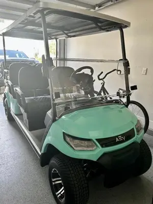a green golf cart with a bike in it at Isle be Back in Inlet Beach