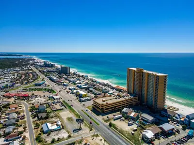 an aerial view of a hotel and the ocean at Treasure Island #1707 in Panama City Beach
