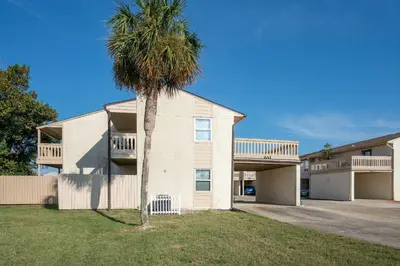 a palm tree in front of a house at Horizon Breeze - Family Escape in Panama City Beach