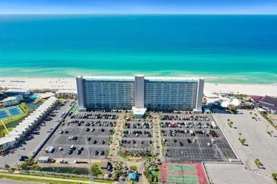 an aerial view of a hotel and a parking lot at 1BR Sleeps 5 at The Summit with Ocean Front Views in Panama City Beach