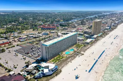 an aerial view of the hotel and the beach at Ocean View Retreat - Beachfront Bliss in Panama City Beach