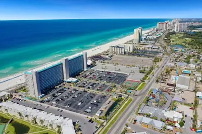 an aerial view of the beach and the ocean at Ocean View Retreat - Beachfront Bliss in Panama City Beach