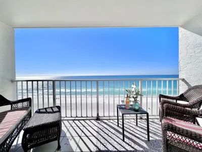 a balcony with a view of the beach at Once Upon A Dream - Beachfront Bliss in Panama City Beach