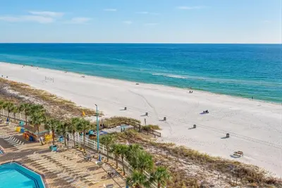an aerial view of a beach with the ocean at Beach Bliss Family Beachfront Living in Panama City Beach