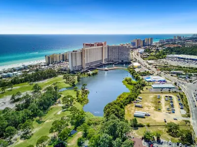 an aerial view of a resort and the ocean at Whitesands Retreat - Incredible Resort Home in Panama City Beach