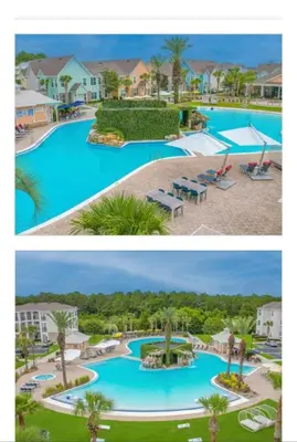 two pictures of a swimming pool at a resort at 3 Bedroom Luxury Condo with Resort Pool, Game Room, and Gym in Panama City Beach