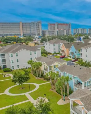 an aerial view of a residential neighborhood with houses at 3 Bedroom Luxury Condo with Resort Pool, Game Room, and Gym in Panama City Beach