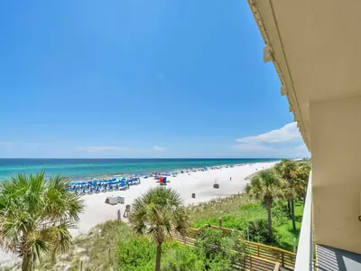 a view of a beach with palm trees and the ocean at Celadon 203 in Panama City Beach