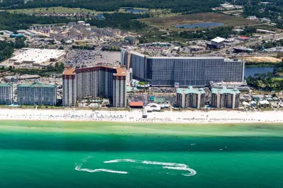an aerial view of a beach with hotels and the ocean at Shores of Panama 816 by Emerald Coast Retreats in Panama City Beach