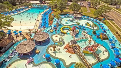 an aerial view of a water park at Quiet West End PCB Condo w/ Gulf Views, Pool & Easy Beach Access in Panama City Beach