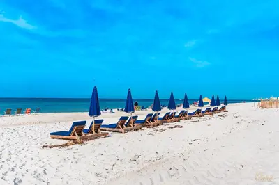 a row of chairs and umbrellas on a beach at Low Floor - Remodeled - Beachfront - FLPCB65 in Panama City Beach