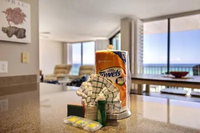 a can of chips sitting on a counter in a living room at Direct Gulf View 2BR Paradise Found in Panama City Beach