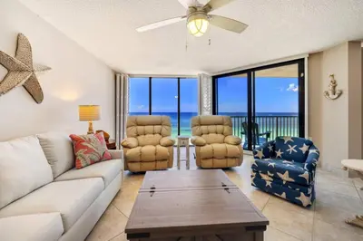 a living room with a couch and two chairs at Direct Gulf View 2BR Paradise Found in Panama City Beach