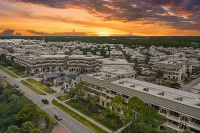 an aerial view of a city at sunset at The Rosemary Pearl - Pool & Free Beach Shuttle in Seacrest