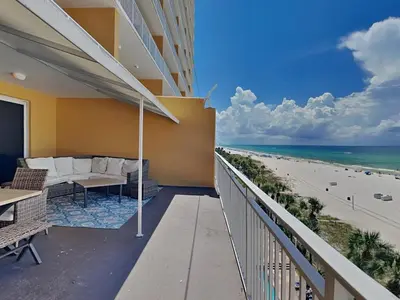a balcony with a view of the beach at Sterling Reef #106 in Panama City Beach