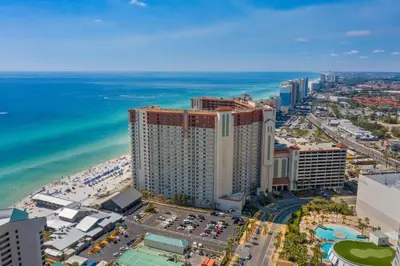 an aerial view of the beach and the ocean at Beachfront, Ocean Views, Sleeps 6 , Hot tub in Panama City Beach