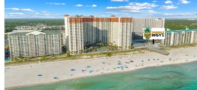 an aerial view of a resort with a beach and the ocean at SHORES of PANAMA 315 in Panama City Beach