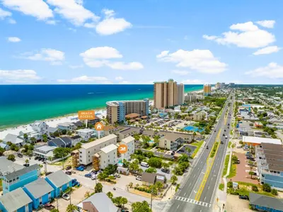 an aerial view of a city and the beach at Location! Studio Condo Panama City Beach, Holiday Beach, Tents Allowed! in Panama City Beach