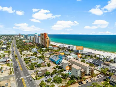 an aerial view of a city and the beach at Location! Studio Condo Panama City Beach, Holiday Beach, Tents Allowed! in Panama City Beach