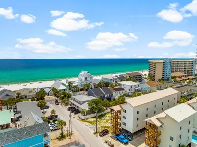an aerial view of a city and the beach at Location! Studio Condo Panama City Beach, Holiday Beach, Tents Allowed! in Panama City Beach