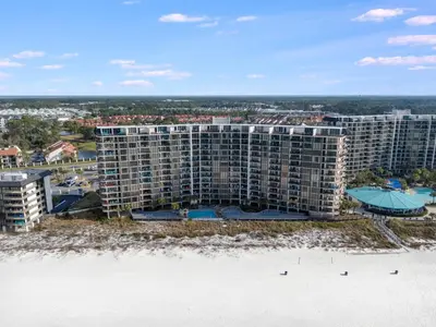 an aerial view of a hotel on the beach at 1107 Edgewater T3 Beach Resort in Panama City Beach