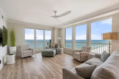 a living room with a view of the ocean at 1209 Seychelles in Panama City Beach