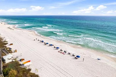 an overhead view of a beach with umbrellas and the ocean at HP 34W On the Shore by 30A Escapes in Rosemary Beach
