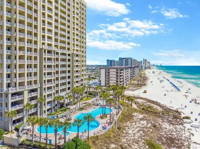 an aerial view of a hotel and the beach at Grand Panama Beach Resort Tower 2 by Panhandle Getaways in Panama City Beach