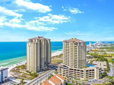 an aerial view of the beach and buildings at Grand Panama Beach Resort Tower 2 by Panhandle Getaways in Panama City Beach