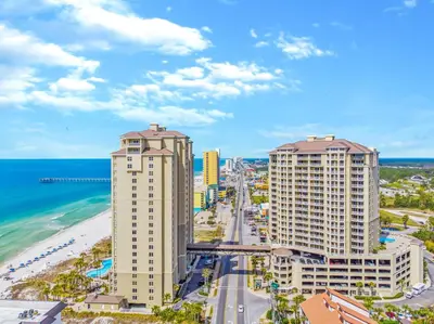 an aerial view of the beach and buildings at Grand Panama Beach Resort Tower 2 by Panhandle Getaways in Panama City Beach