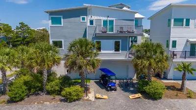an aerial view of a house with palm trees at Inlet Beach Retreat Golf Cart Bikes + Pool in Inlet Beach
