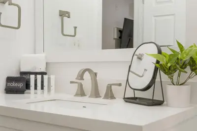 a bathroom sink with a mirror and a potted plant at Village of SoWal B257 in Rosemary Beach