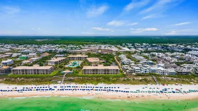 an aerial view of a beach with a resort at Village of SoWal B483 in Rosemary Beach