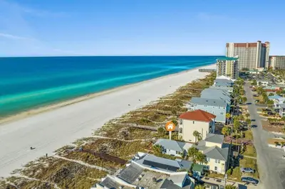 an aerial view of a beach with condos at 9620 Beach Blvd in Panama City Beach