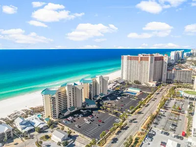 an aerial view of a city and the beach at Sunbird of Panama City Beach 503E in Panama City Beach