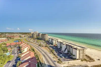 an aerial view of a beach with buildings and the ocean at Scenic Balcony and Resort Perks PCB Condo! in Panama City Beach