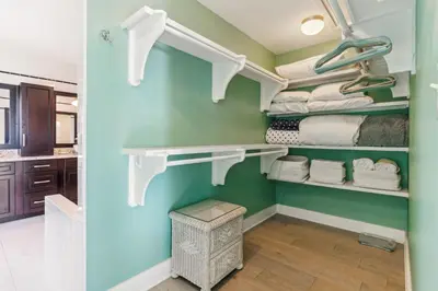 a walk in closet with green walls and white shelves at Diamond Dunes in Inlet Beach