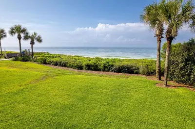 a lawn with palm trees and the ocean in the background at Psalms in Santa Rosa Beach