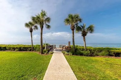 a walkway leading to the ocean with palm trees at Paradise Palms in Santa Rosa Beach