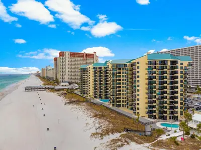 an aerial view of the beach and hotels at Sunbird low Floor 2BR! Free Beach Chair Service! by Dolce Vita Getaways PCB in Panama City Beach