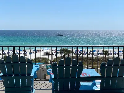 a view of the beach from the balcony of a resort at Best beachfront value in PCB! Incredible view! in Panama City Beach