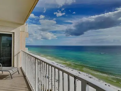 a balcony with a view of the ocean at Shores of Panama #1501 in Panama City Beach