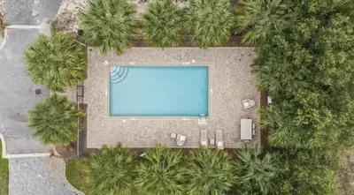 an overhead view of a swimming pool with palm trees at Know When To Hold Em in Inlet Beach in Inlet Beach