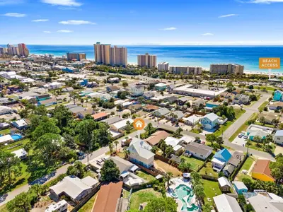 an aerial view of a city with the ocean at Lazy River Retreat in Panama City Beach