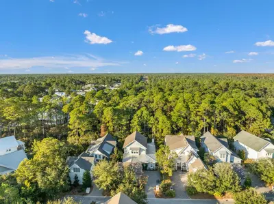 an aerial view of homes in a residential neighborhood at Sea D’Light: 3BR Beach Home Sleeps 10 with 4 Bikes in Watersound West in Santa Rosa Beach