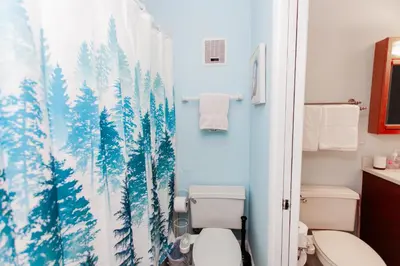a bathroom with a toilet and a shower curtain at Summit 903 in Panama City Beach
