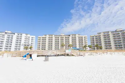 a view of a hotel from the beach with buildings at Moonspinner 808B in Panama City Beach