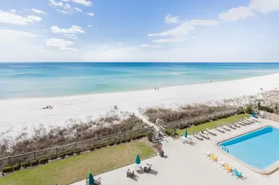 an aerial view of the beach and swimming pool and the ocean at Mariner West 508 in Panama City Beach