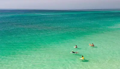 three people in the ocean with surfboards in the water at Aqua! Under The Sea! - Beach Access! - Pool! in Seacrest