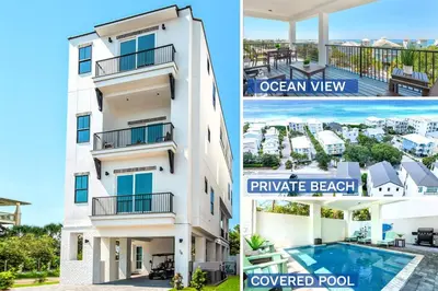 a collage of three pictures of a building at NEW- Horizon! Private Beach - Golf Cart - Pool in Santa Rosa Beach